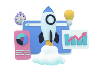 Achievement goals, business management application concept. Web screen with spaceship or rocket , graph, piechart, lamp, headphones, book icons. 3d rendering illustration.