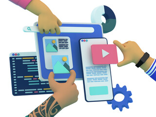Teamwork on product. Design, programming, communication, cms development concept. Web development and coding. 3d render illustration.