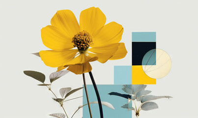 Fototapeta premium a yellow flower with a blue and yellow geometric design in the background and a yellow flower in the foreground with a blue and yellow geometric design in the middle. generative ai