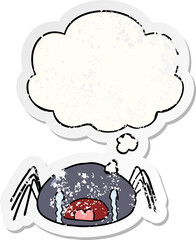 cartoon crying spider and thought bubble as a distressed worn sticker
