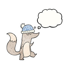 thought bubble textured cartoon little wolf wearing hat