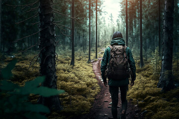 Man journey green forest hiking in the mountains with a backpack view from the back. Generative AI