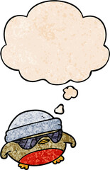 cartoon cool christmas robin and thought bubble in grunge texture pattern style