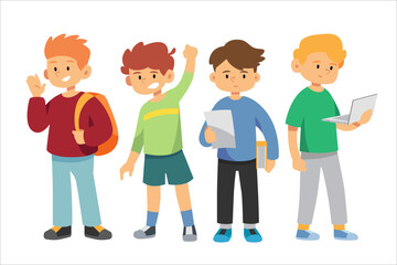 school student character, Back to school boys cartoon collection in college, university and graduate boy student student's education life vector 