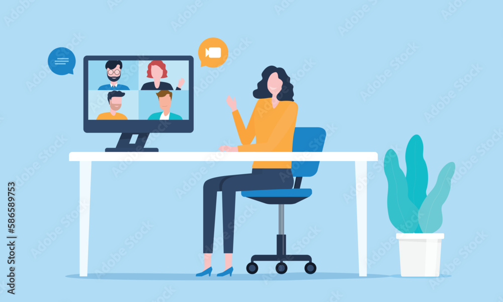 Aufkleber flat vector business smart working with online video meeting conference  concept and business team working from anywhere with internet wireless technology.