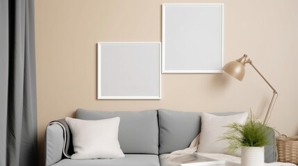 Two blank white photo frame mockup on the wall with a lamp and small plant, A minimal simple tone of sofa and plant look cozy in a living room decorate,simple mood background.
