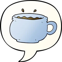 cartoon hot cup of coffee and speech bubble in smooth gradient style