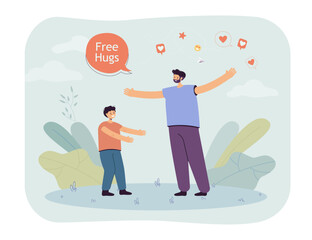 Dad offering free hugs to son vector illustration. Cartoon drawing of happy boy next to man opening arms for embrace. Love, care, communication, family, fatherhood concept