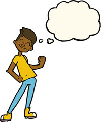 cartoon celebrating man with thought bubble