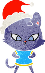 cute retro cartoon of a cat wearing santa hat
