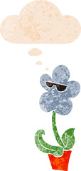 cool cartoon flower and thought bubble in retro textured style