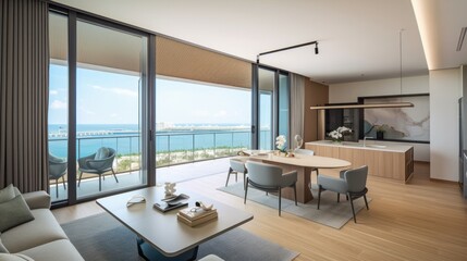 Fototapeta premium home interior design concept living family area contemporary interior style with nature sky and garden view in terrace, image ai generate