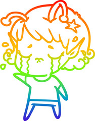 rainbow gradient line drawing cartoon crying alien girl