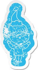 cartoon distressed sticker of a boy wearing spectacles wearing santa hat