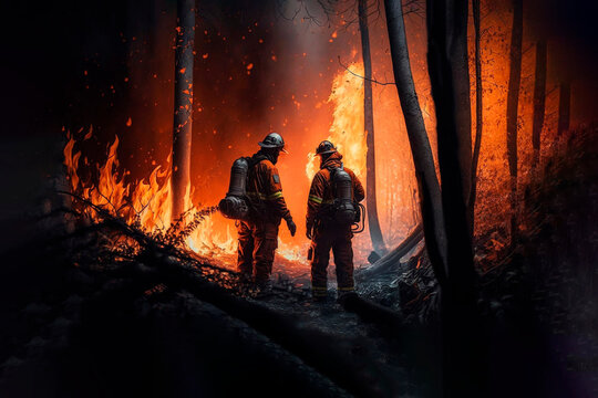 Firefighters put out a fire in the forest