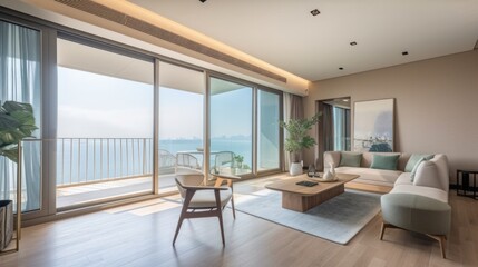 home interior design concept living family area contemporary interior style with nature sky and garden view in terrace, image ai generate