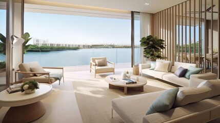 Fototapeta premium home interior design concept living family area contemporary interior style with nature sky and garden view in terrace, image ai generate