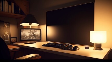 A dark workstation with a lamp decorates a wooden table, A room for gaming late at night cozy warm, and minimal dark tone, and a table of the gaming setup