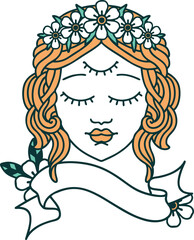 tattoo with banner of female face with third eye