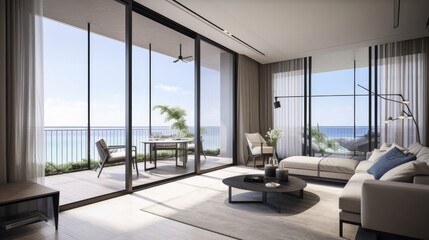 Fototapeta premium home interior design concept living family area contemporary interior style with nature sky and garden view in terrace, image ai generate