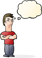 cartoon annoyed man with folded arms with thought bubble