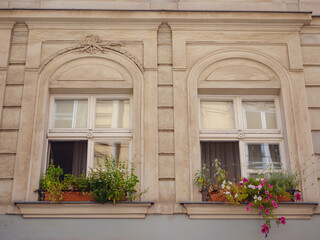 Fototapeta na wymiar beautiful vintage windows with flowers in pots in the center of the old town. Summer Travel to capital of Austria. details of the facades of beautiful old houses