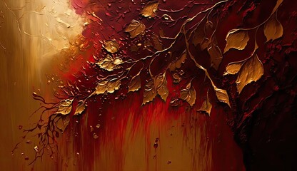 Oil painting techniques in shades of deep red and gold, with thick layers of gold leaf applied over the top - Generative AI