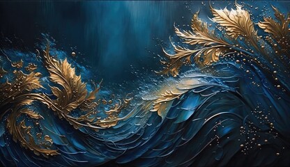 Fototapeta na wymiar Cackground using oil painting techniques in shades of blue and gold, with highly realistic and detailed water droplets or waves - Generative AI