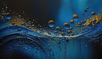 Oil painting background techniques in shades of blue and gold, with highly realistic and detailed water droplets or waves, negative space - Generative AI