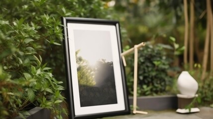 a photo frame placed on the floor in the garden of the house with a small stick of something i don't know, a grass and trees background for a mockup photo frame, A nature lifestyle slow life mood. 