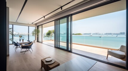 home interior design concept living family area contemporary interior style with nature sky and garden view in terrace, image ai generate