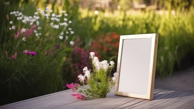 a blank photo frame placed on the wooden floor in the garden full of flowers, a grass and trees background for a mockup photo frame, A nature lifestyle slow life mood.