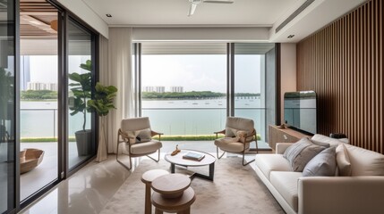 Fototapeta premium home interior design concept living family area contemporary interior style with nature sky and garden view in terrace, image ai generate
