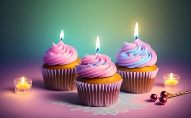 Birthday Cupcake With Candle. Warm Background. Generative Ai