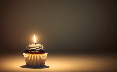 Birthday Cupcake With One Candle. Warm Background. Generative Ai