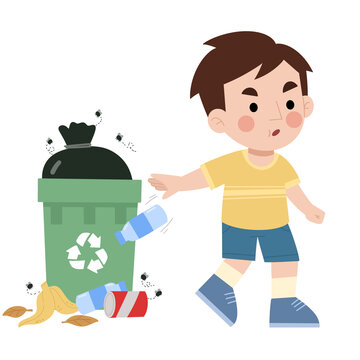 Illustration of a little boy throwing garbage out of place