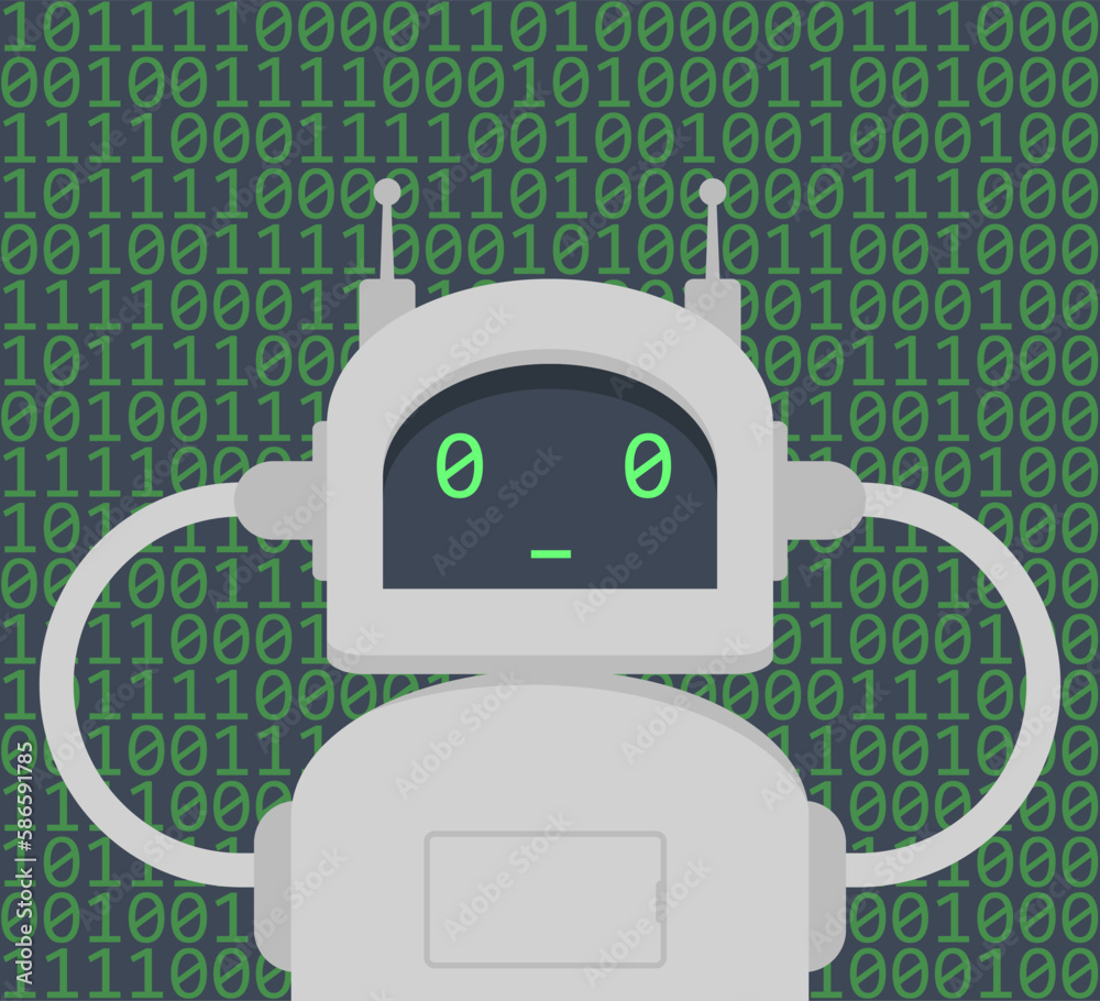 Aufkleber chatbot character on green background with binary code. cartoon drawing of comic robot or cyborg for