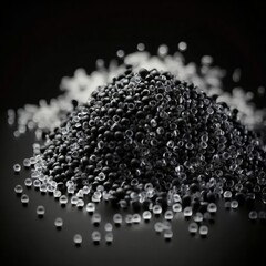 black and white pills, Transparent polypropylene granules plastic pellets material on black background. Created by using Generative AI.