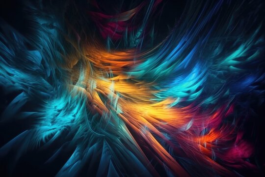 multicolored feathers with a gradient effect. Generative AI