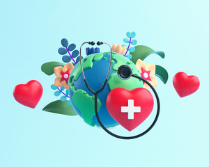 World Health Day flyer background with planet Earth, a stethoscope, red hearts and floral decoration in 3D cartoon illustration. Global health awareness day celebrated every year on 7th April