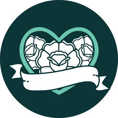 tattoo style icon of a heart and banner with flowers