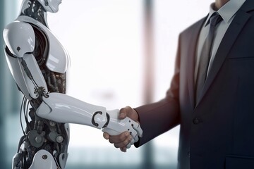 Artificial intelligence, AI, humanoid robot shaking hands with professional in modern office