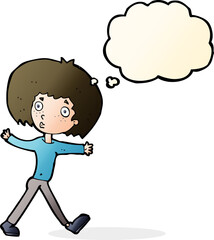 cartoon surprised man walking with thought bubble