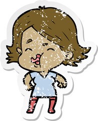 distressed sticker of a cartoon girl pulling face