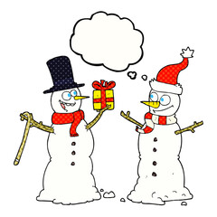 thought bubble cartoon snowmen exchanging gifts