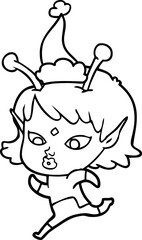 pretty line drawing of a alien girl running wearing santa hat