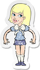 retro distressed sticker of a cartoon woman wearing a big bow tie