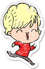 distressed sticker of a cartoon laughing woman