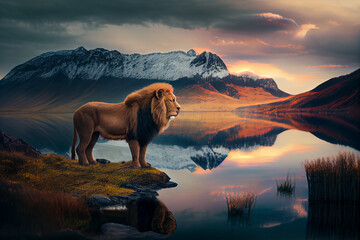 Fototapeta na wymiar Majestic lion by the lake. AI Generated