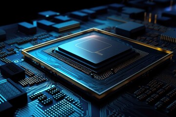 Fototapeta premium detailed view of a CPU chip placed on top of a motherboard. Generative AI